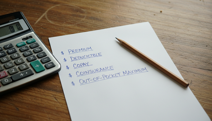 Close-up view of a calculator beside handwritten health care cost notes