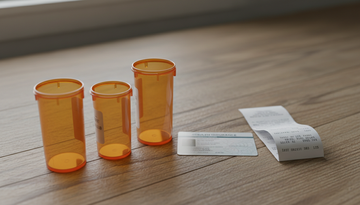 Close-up view of prescription bottles beside an insurance card and receipt