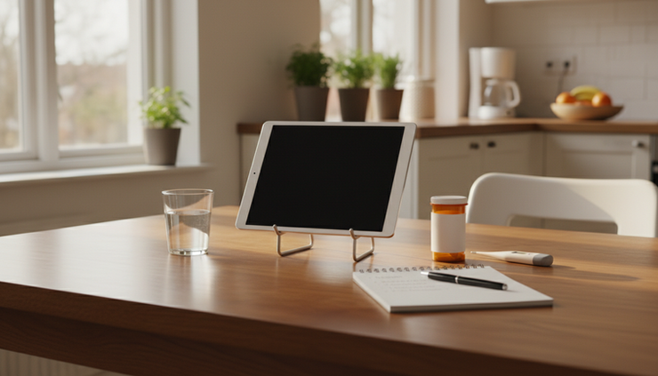 Wide-angle view of a quiet kitchen table set up for a virtual care appointment
