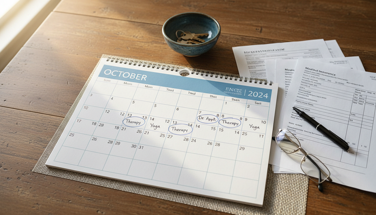 Overhead view of a wall calendar with health plan papers and a pen