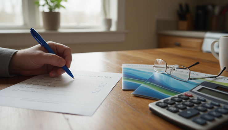 Close-up of a hand marking a checklist beside a health plan brochure.