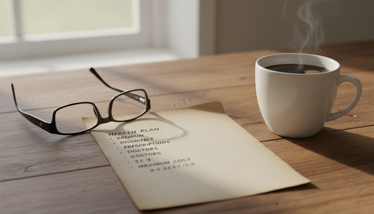 Close-up view of a handwritten checklist comparing monthly premium, deductible, and prescriptions