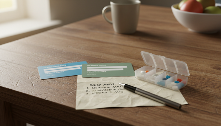 Close-up of two health coverage cards beside a handwritten list of doctors and medications