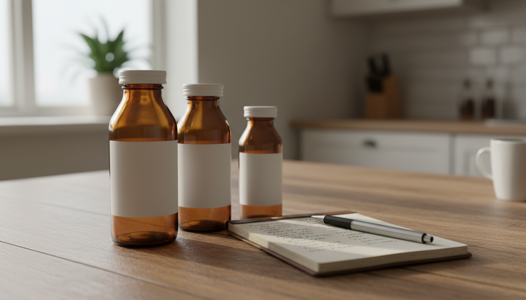 Close-up view of prescription bottles, a notebook, and a pen on a kitchen table