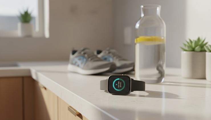 Close-up view of a smartwatch showing a daily step goal on a kitchen counter