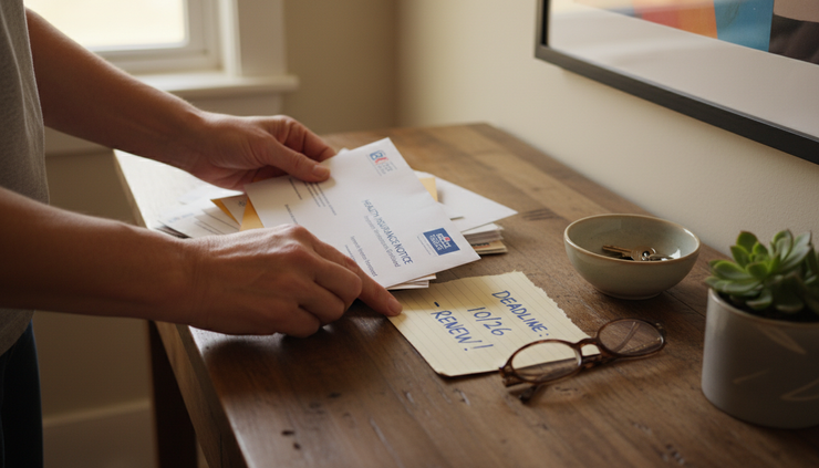 Close-up view of hands sorting mail with an insurance notice and a handwritten deadline reminder