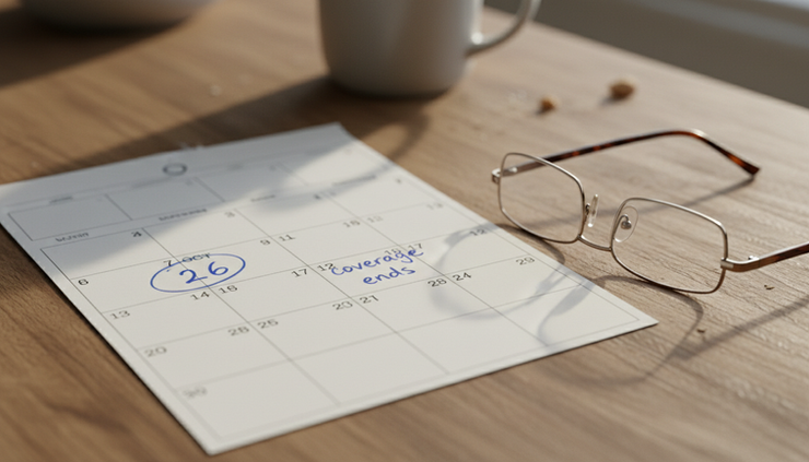 Close-up view of a handwritten calendar with a coverage end date circled in blue