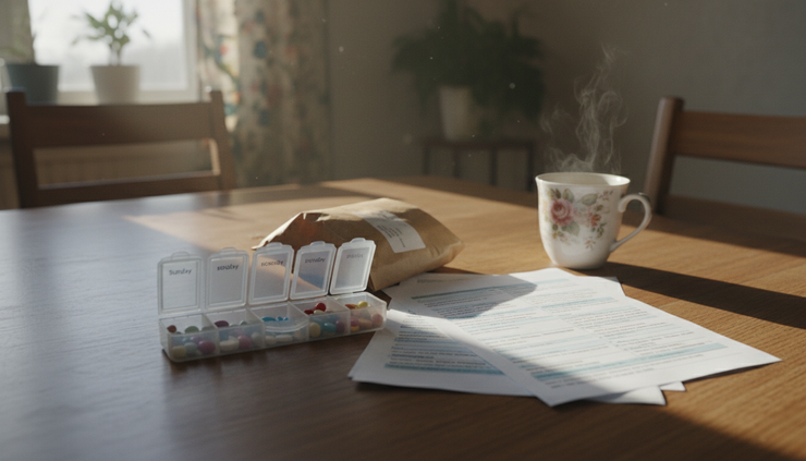 Wide-angle view of a kitchen table with a medication organizer and insurance forms.