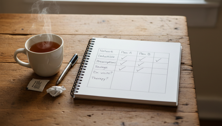 Overhead view of a notebook comparing two health plans with checkmarks beside network, deductible, and prescriptions