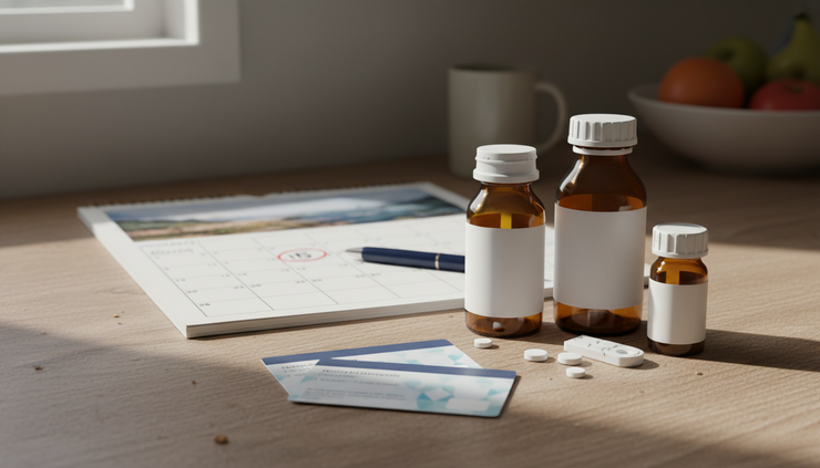 Close-up view of health plan cards and prescription bottles beside a calendar