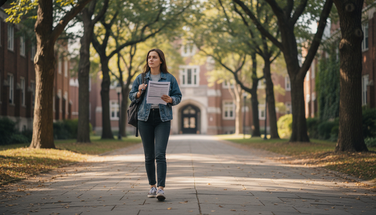 Wide-angle view of a young adult walking across a college campus with a backpack and health forms