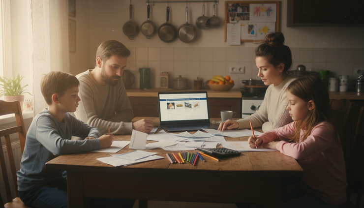 Eye-level view of a family sorting medical papers at a kitchen table