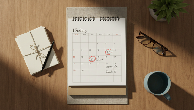 Overhead view of a wall calendar with enrollment dates circled and a small stack of plan papers nearby.