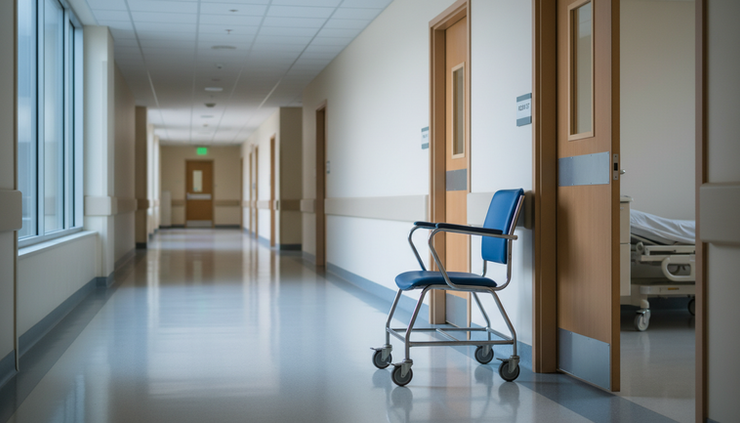 Wide-angle view of a quiet hospital hallway with an empty patient transport chair