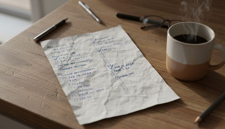 Overhead view of a handwritten healthcare paperwork checklist on a kitchen counter.