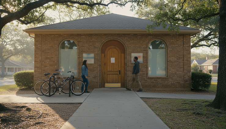 Wide-angle view of a neighborhood clinic entrance on a quiet morning