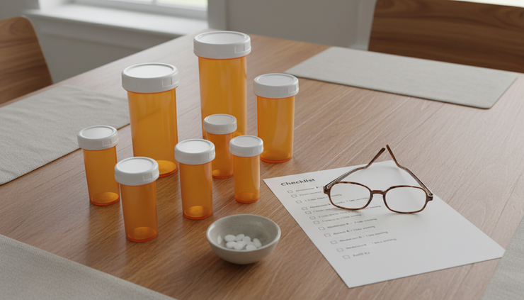 Overhead view of prescription bottles beside a printed medication checklist