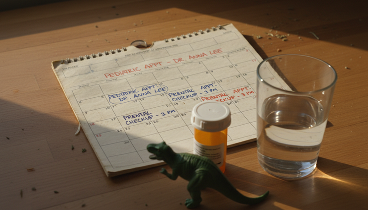 Close-up view of a household calendar with pediatric appointments and prescription notes