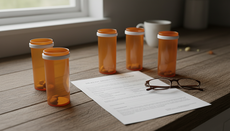 Close-up view of prescription bottles beside a health plan summary