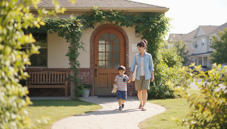Wide-angle view of a parent and child entering a small neighborhood clinic