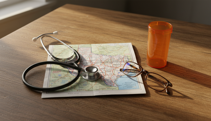 Overhead view of a Texas map with a stethoscope and prescription bottle on a wooden table.