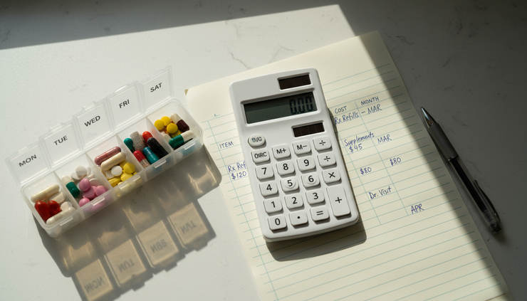 Overhead view of a pill organizer and calculator on a kitchen counter