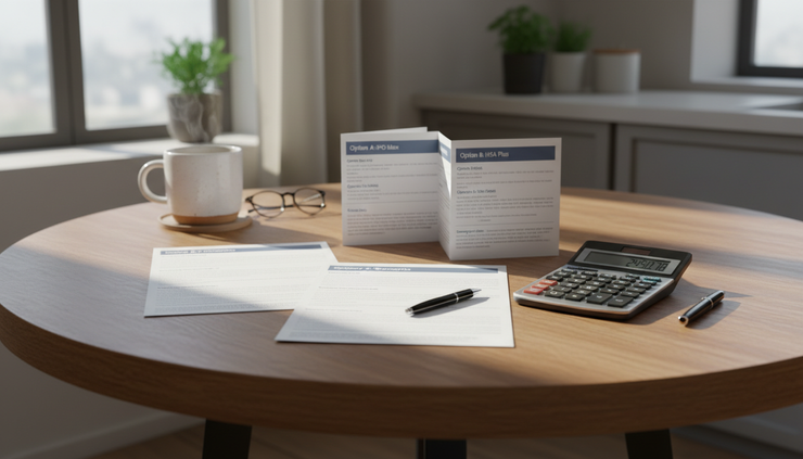 Eye-level view of a kitchen table with health plan papers and a calculator