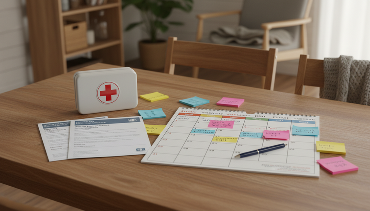 Wide-angle view of a family calendar, a first aid kit, and health plan documents on a dining table.