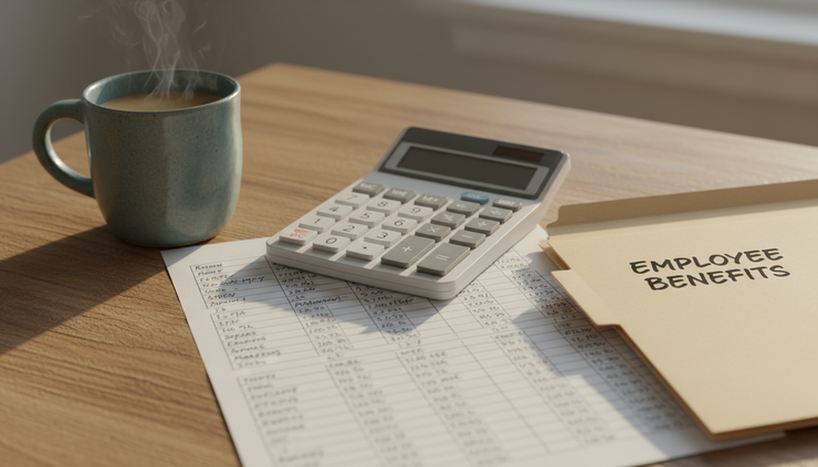 Close-up view of a handwritten budget sheet beside a mug and a simple calculator on a kitchen table
