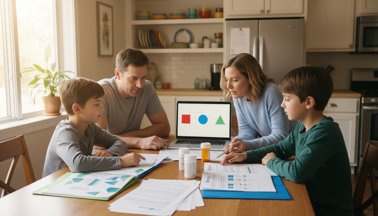 Eye-level view of a family reviewing health plan papers at a kitchen table