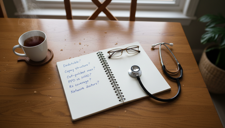 Overhead view of a notebook with handwritten questions beside a stethoscope