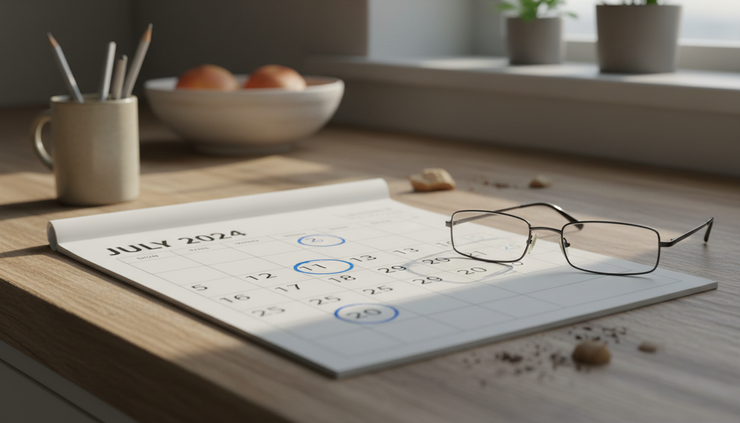 Close-up view of a calendar page with circled enrollment dates and a pair of reading glasses
