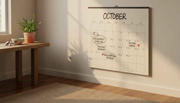 Wide-angle view of a family calendar on a wall with enrollment deadlines and medical reminders