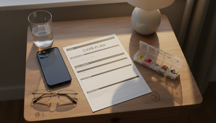 Overhead view of a printed care plan, pill organizer, and phone after a virtual primary care visit