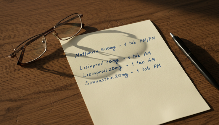 Close-up view of a handwritten medication list near a pair of reading glasses