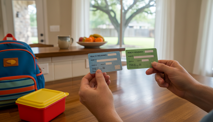 Close-up of hands comparing family health plan cards beside a child’s backpack