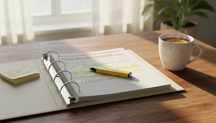 Eye-level view of a binder opened to a benefits summary with highlighted deductible and copay sections.
