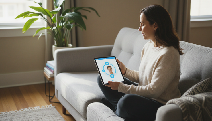 Eye-level view of a patient using a tablet for a medical visit at home