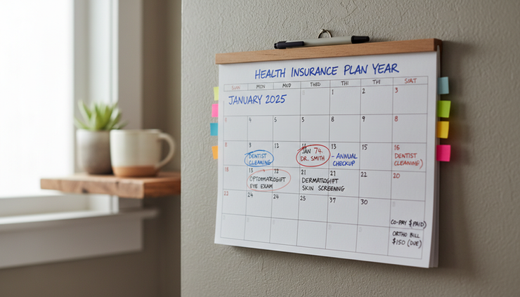 Close-up view of a calendar marked with medical appointments and payment notes