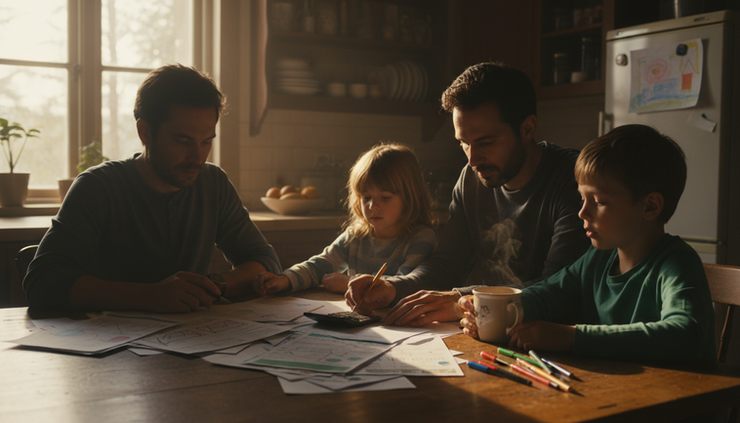 Eye-level view of a family reviewing papers at a kitchen table