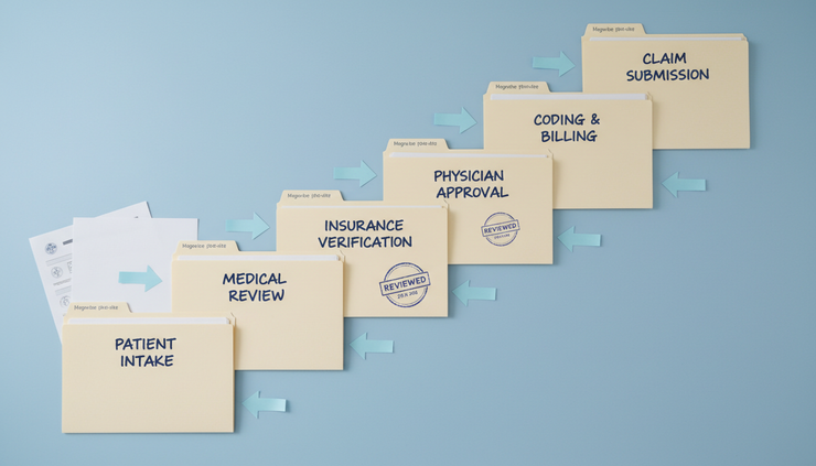 Overhead view of labeled claim folders arranged in a clear step-by-step path on a clinic counter