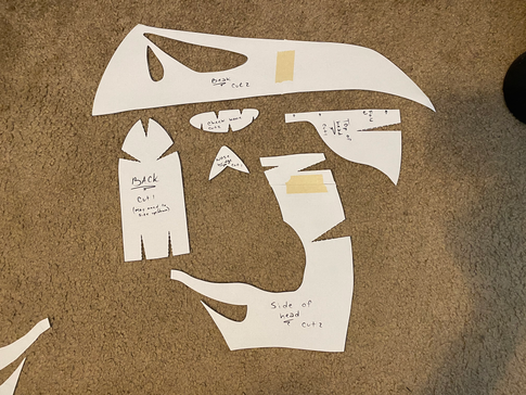 3. Keep in mind when cutting out the pieces to not cut the border of the pattern on the side pieces and beak
4. Cut out all darts and tape the beak and side pieces together