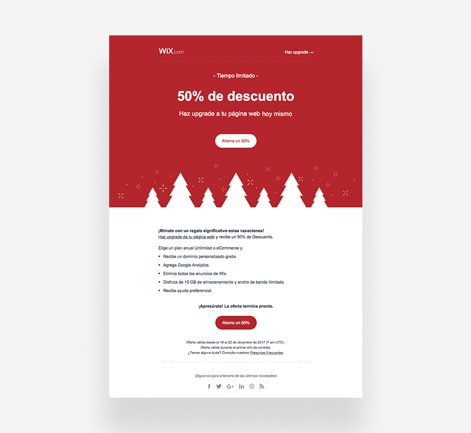 Ejemplo de email marketing de Wix durante navidad