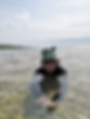 Robbie swimming in the sea with a dog on his head!