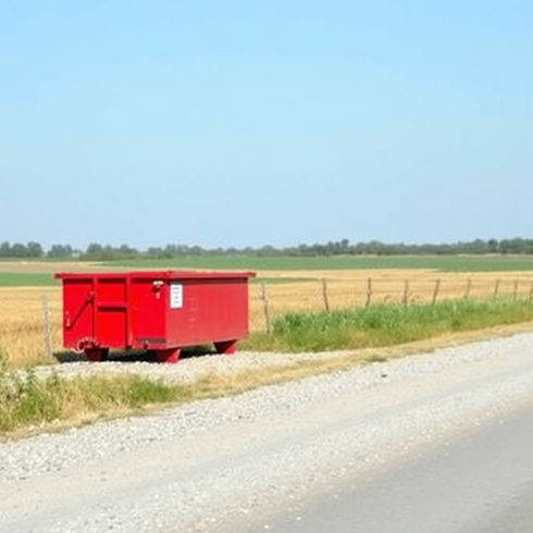 Red dumpster next to a gravel road in a field