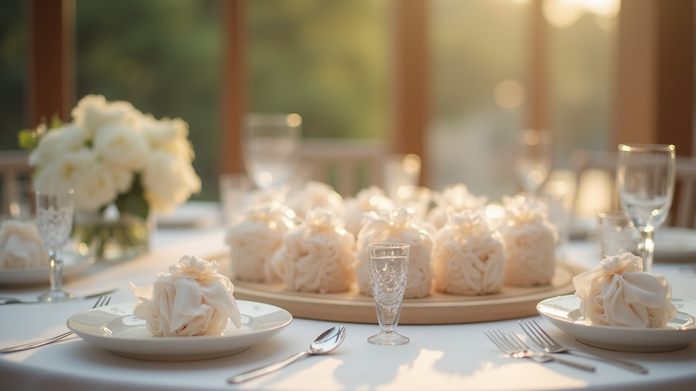 Close-up view of beautifully arranged wedding favors on a table