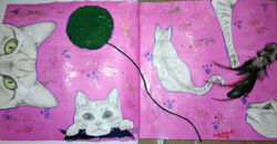 Piece #13 - _Feline Frenzy__Material_ gesso, acrylic paint, glitter paint, art paper, colored pencil