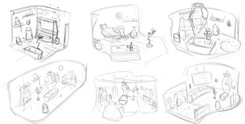 various cutaway designs of a spaceship interior