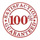 Red and white Satisfaction Guaranteed badge, showing 100% guarantee.