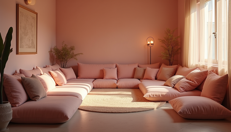 Eye-level view of a cozy room set up for a psychedelic session with cushions and soft lighting